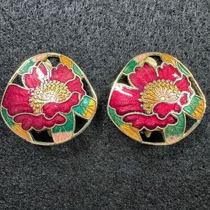 Floral Cloisonné Enamel Cut out Clip Earrings with Gold Accents